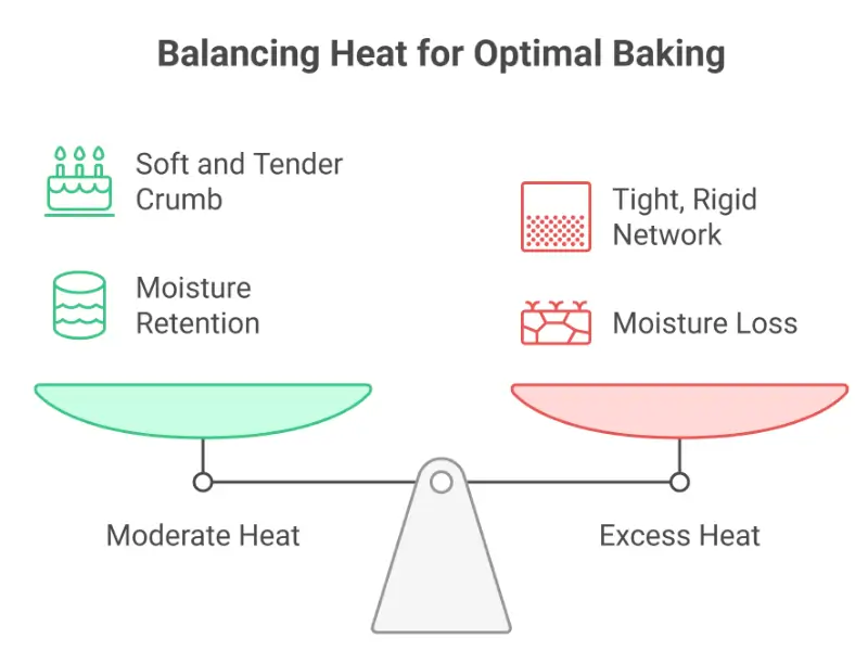 An infographic illustrating how to balance heat for optimal baking. It shows that moderate heat creates a soft, tender crumb and retains moisture, while excess heat results in a tight, rigid network and moisture loss.