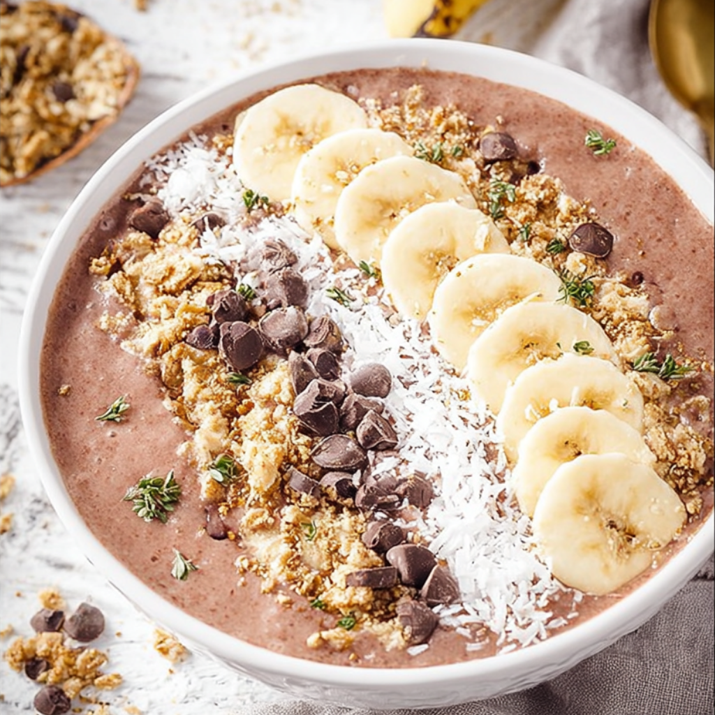 Chocolate banana protein smoothie bowl topped with banana slices, chocolate chips, coconut flakes, and nuts