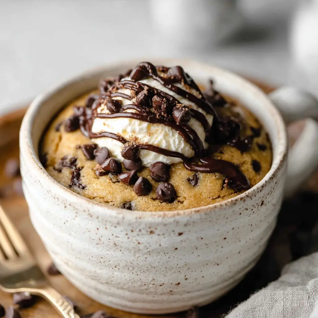 Chocolate chip mug cake topped with vanilla ice cream and chocolate drizzle in a ceramic mug