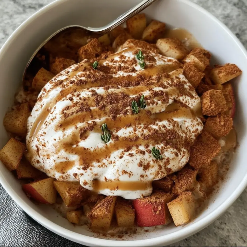 Warm cinnamon apple bowl topped with yogurt drizzle and crunchy cereal pieces