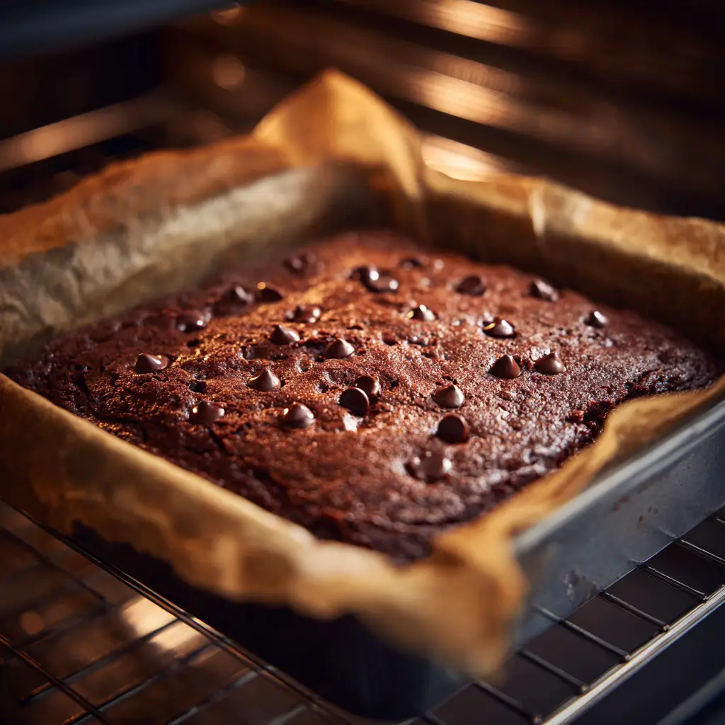 collagen-chocolate-brownies-baking-in-oven Chocolate brownies baking in the oven with a slightly cracked top and melted chocolate chips.