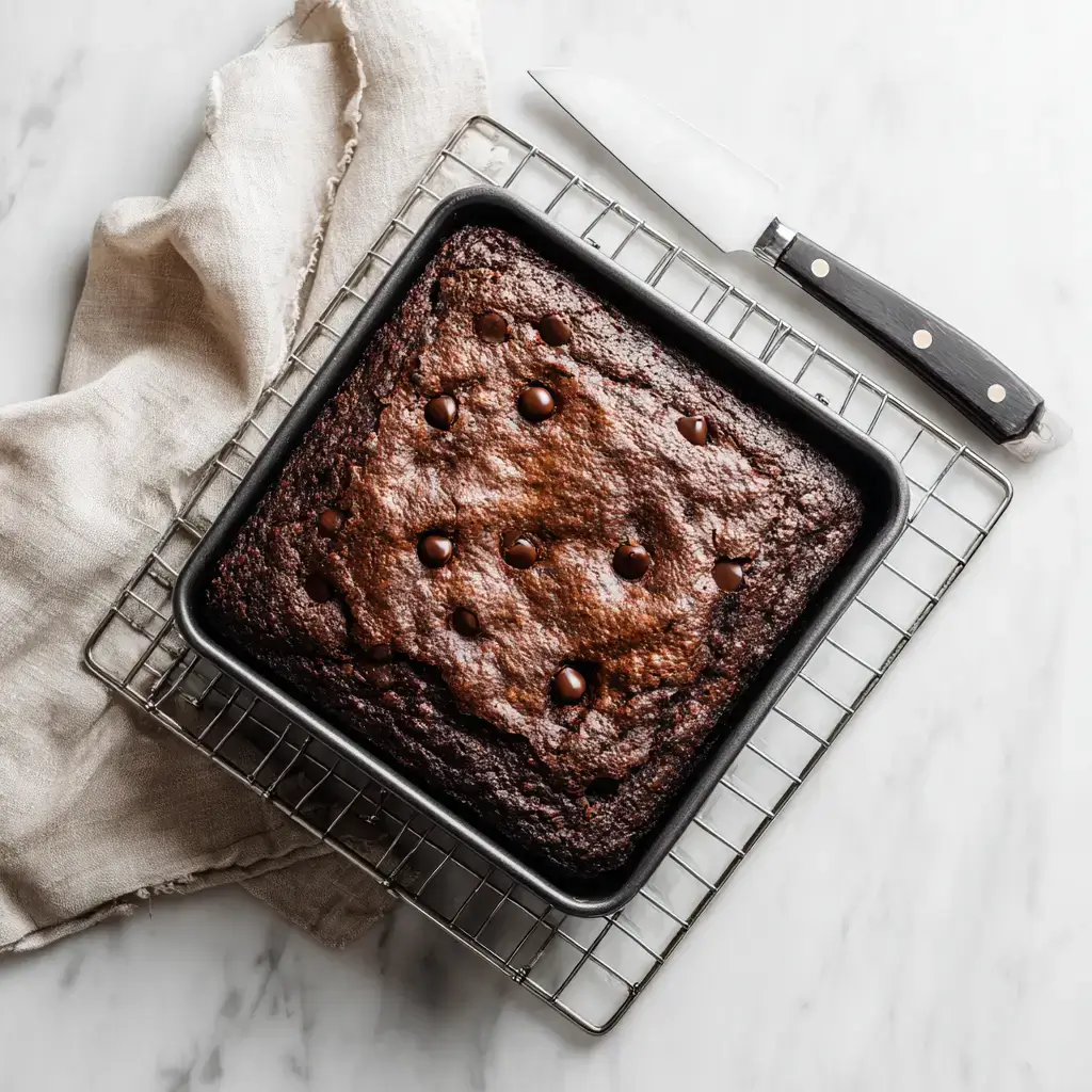 collagen-chocolate-brownies-cooling Freshly baked brownies cooling in the pan on a rack, showing a shiny crinkled surface before slicing.