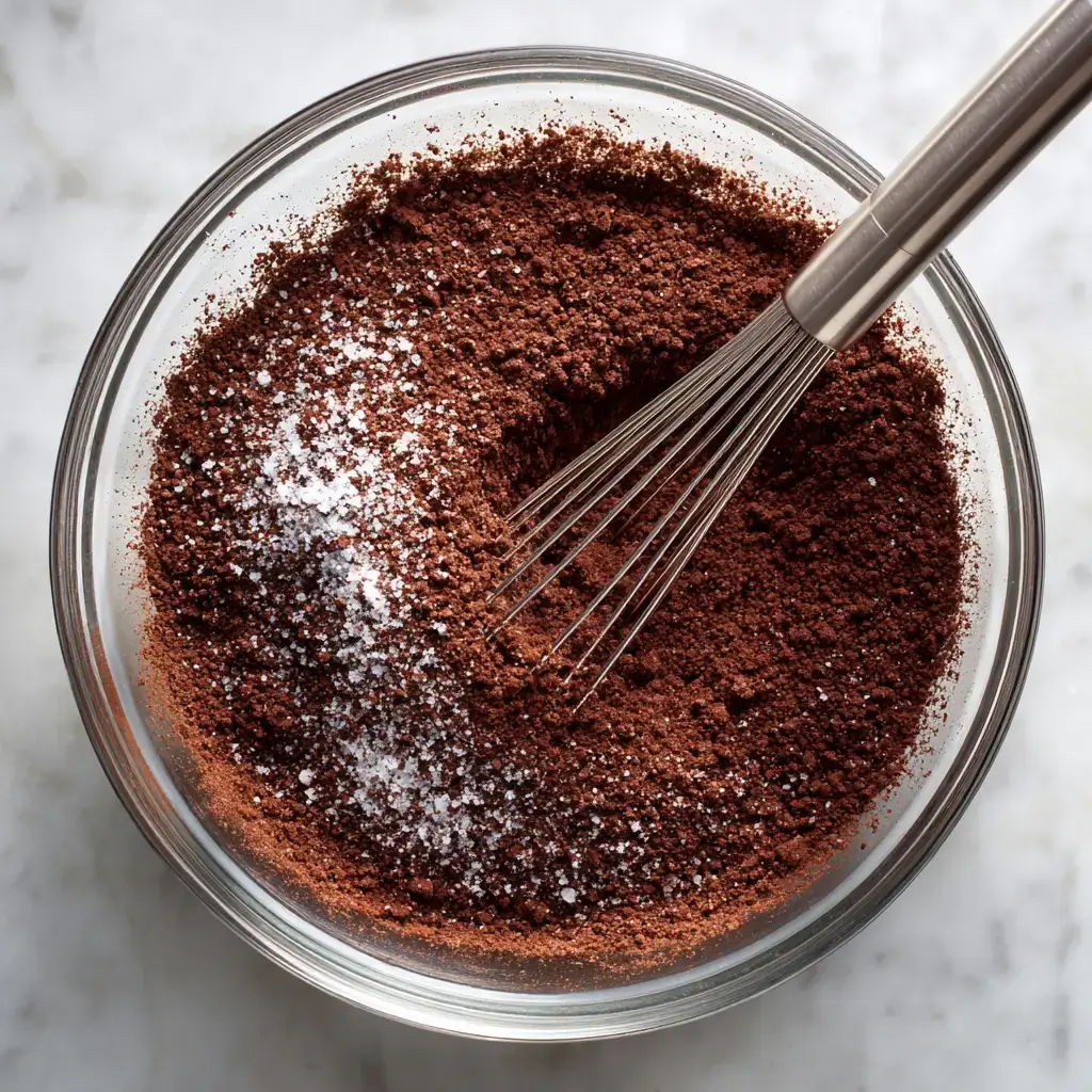 collagen-chocolate-brownies-dry-ingredients Mixing bowl filled with almond flour, cocoa powder, and other dry ingredients, with a whisk resting inside for brownie preparation.