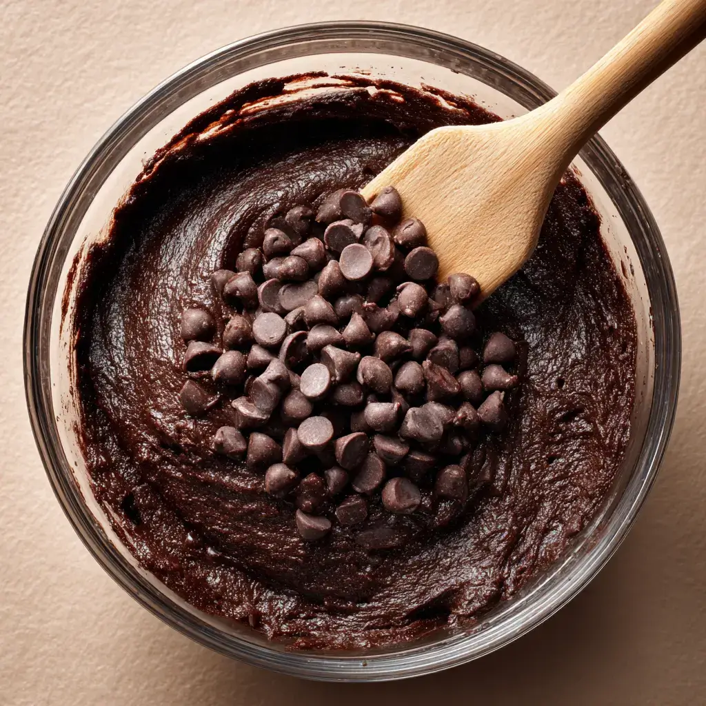 collagen-chocolate-brownies-folding-chocolate-chips (1) Chocolate chips being gently folded into dense brownie batter using a spatula for extra richness and texture.