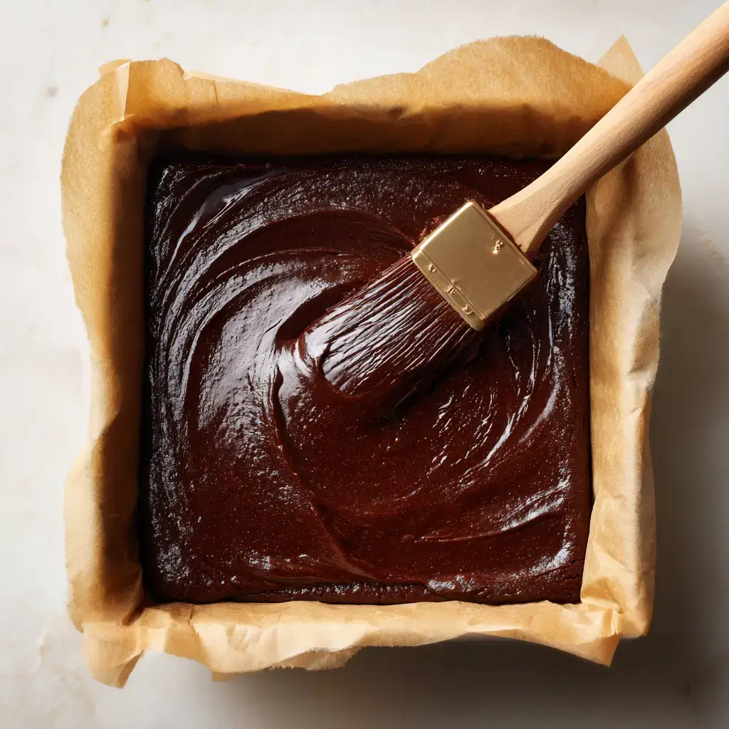 collagen-chocolate-brownies-in-baking-pan Smooth brownie batter being evenly spread into a parchment-lined baking pan using a spatula.