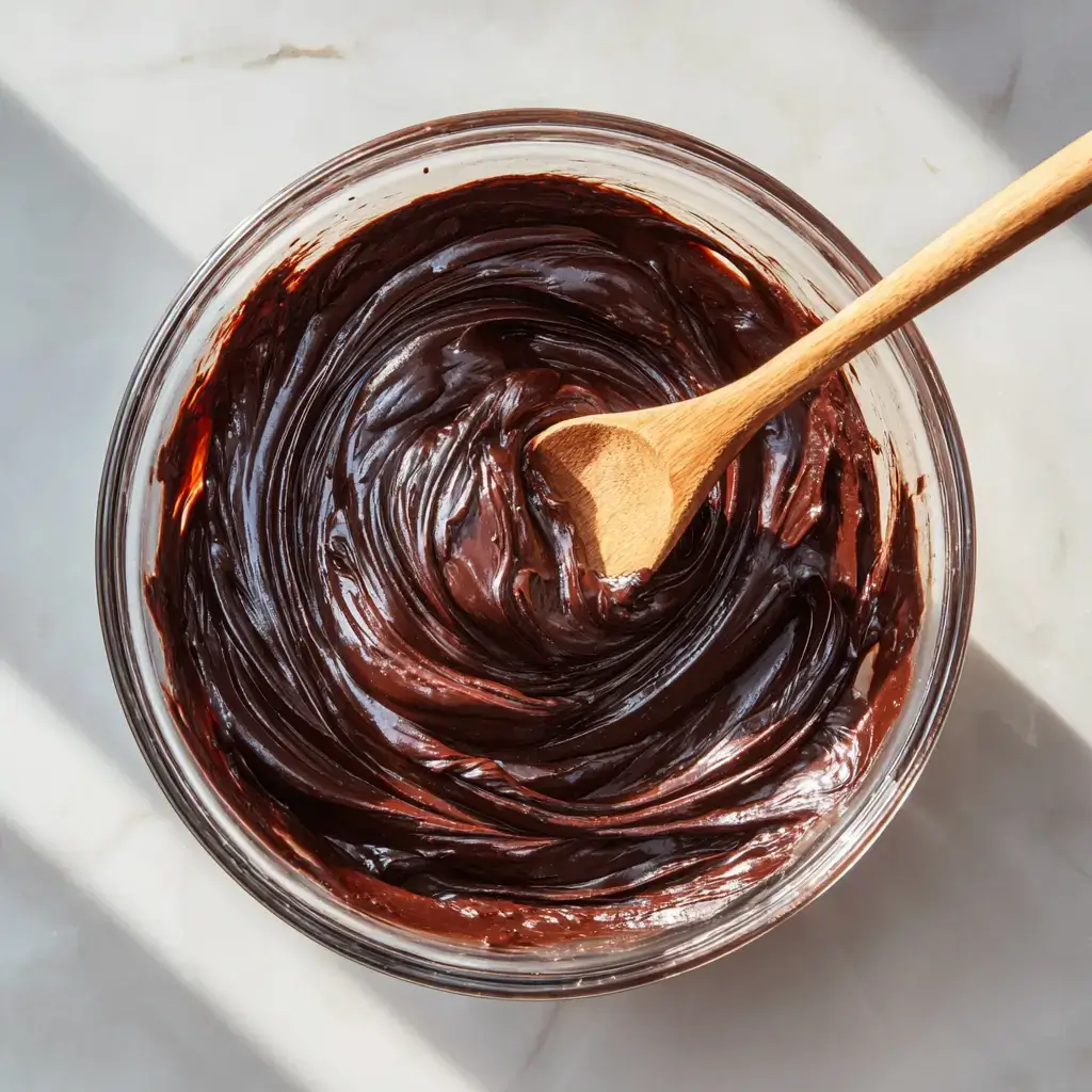 collagen-chocolate-brownies-mixing-batter Thick, glossy chocolate batter being stirred in a bowl, showing a rich and fudgy consistency for homemade brownies.