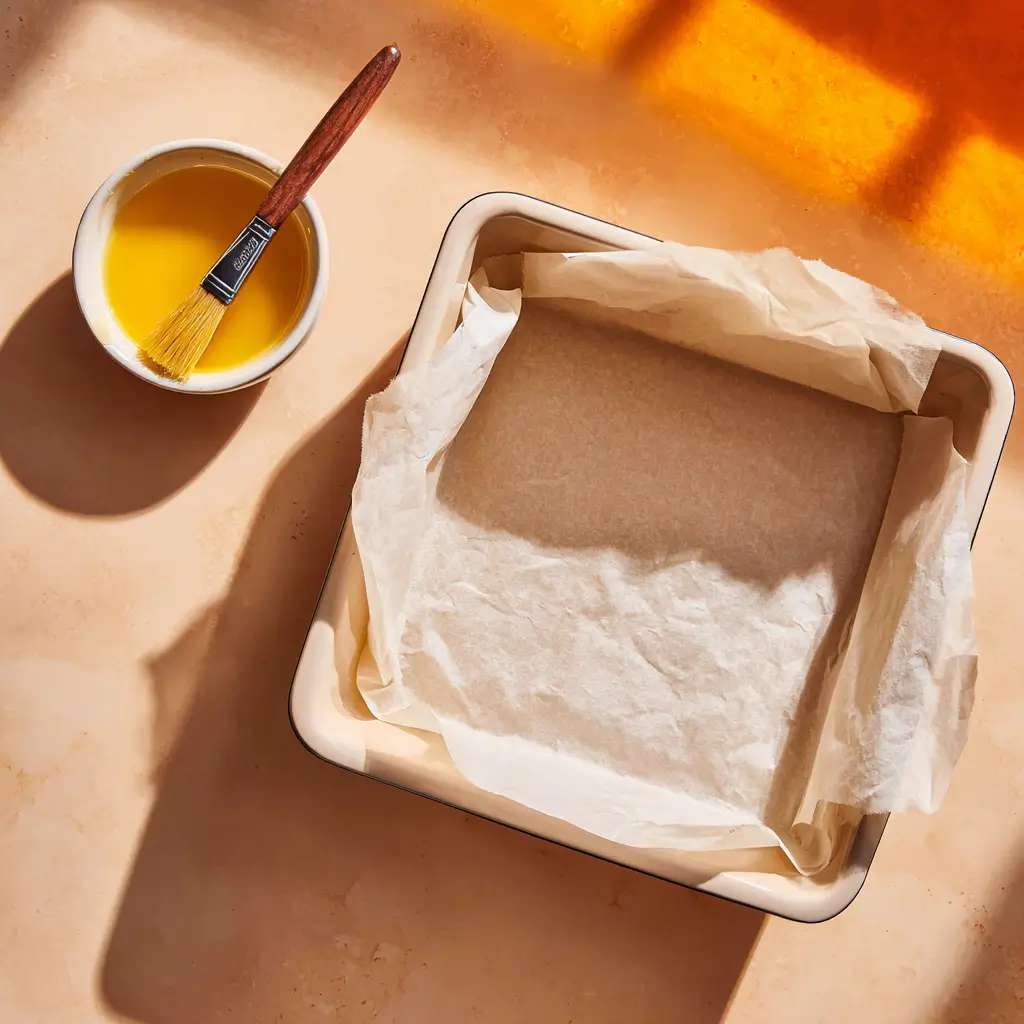 collagen-chocolate-brownies-pan-prep Square baking pan lined with parchment paper, with melted butter and a pastry brush nearby, ready for making collagen chocolate brownies.