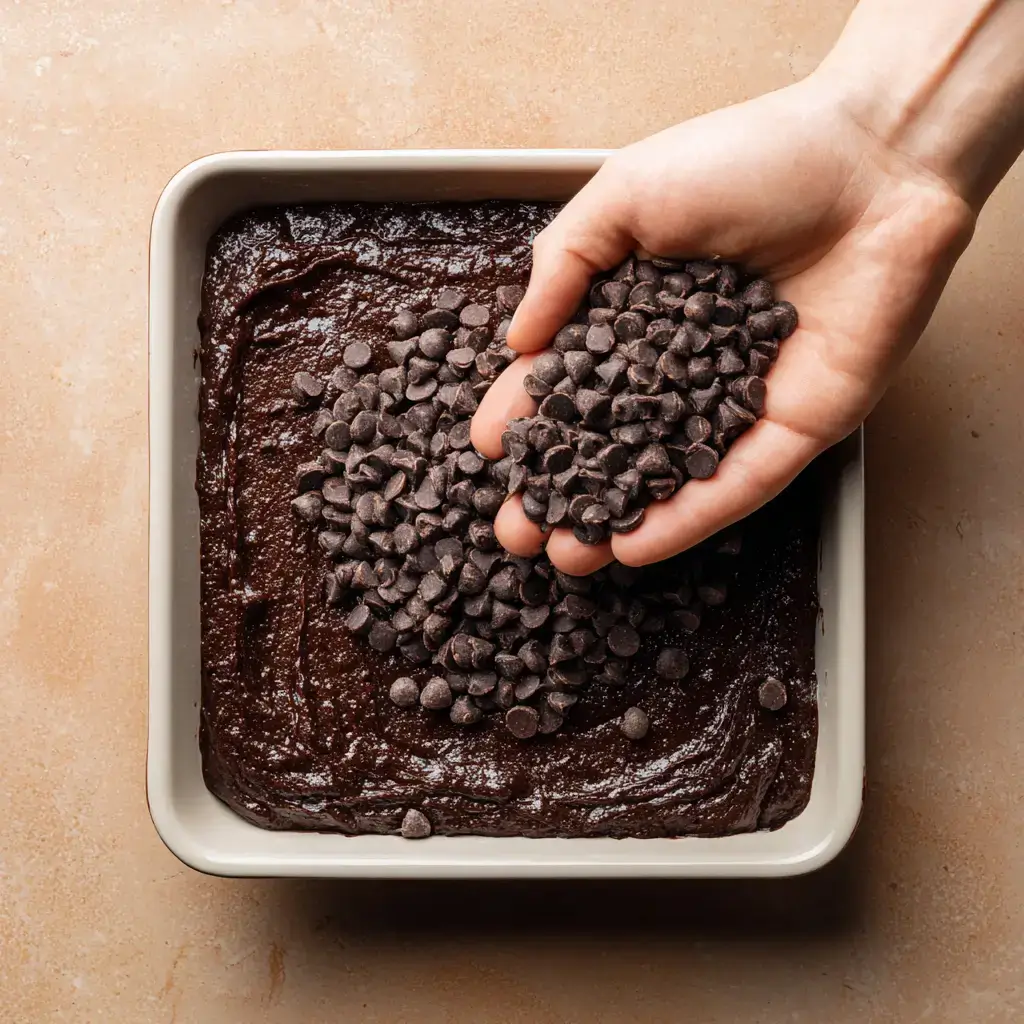 collagen-chocolate-brownies-topping Hand sprinkling chocolate chips over the top of raw brownie batter before baking.