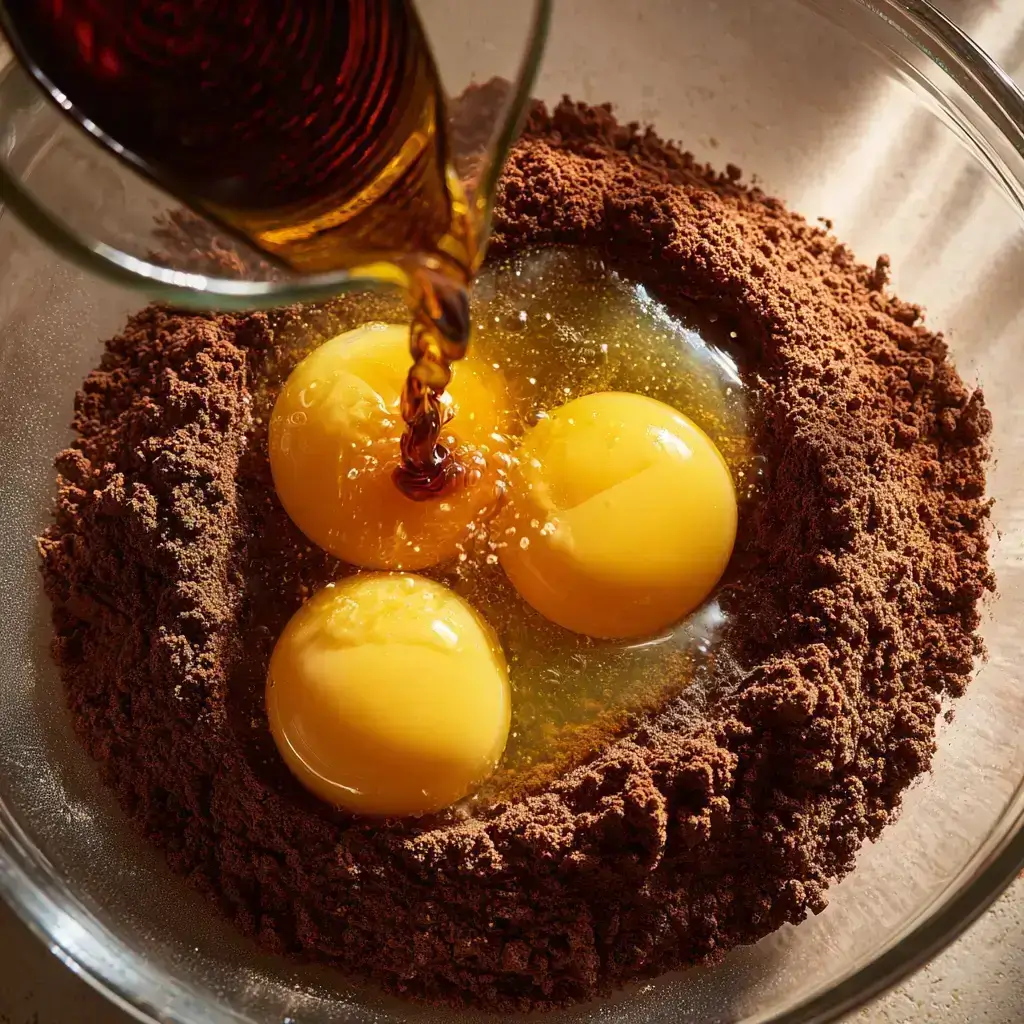 collagen-chocolate-brownies-wet-ingredients Melted butter being poured into a bowl of dry ingredients, with cracked eggs ready to be added for collagen chocolate brownie batter.