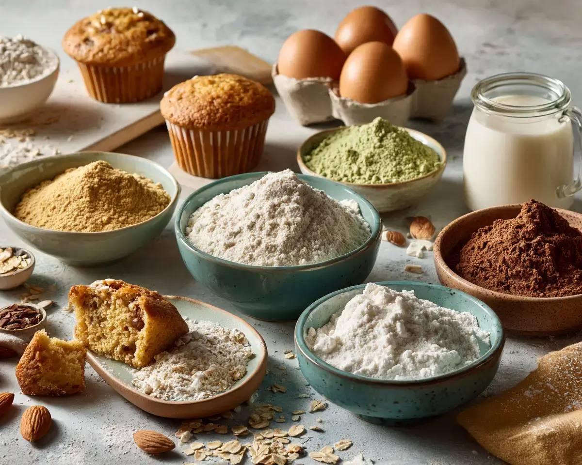 An assortment of high protein baking ingredients including various bowls of protein powders (whey, casein, and plant-based), almond flour, oat flour, cocoa powder, fresh eggs in a carton, and a jar of milk, alongside freshly baked muffins on a light grey textured surface.