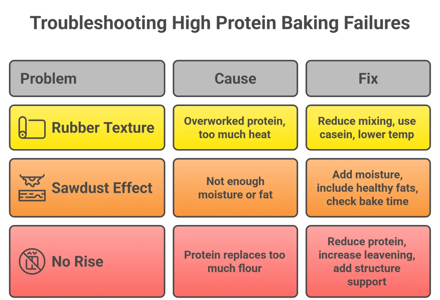 A troubleshooting chart for high protein baking detailing common problems like rubber texture, sawdust effect, and no rise, along with their causes and quick fixes.