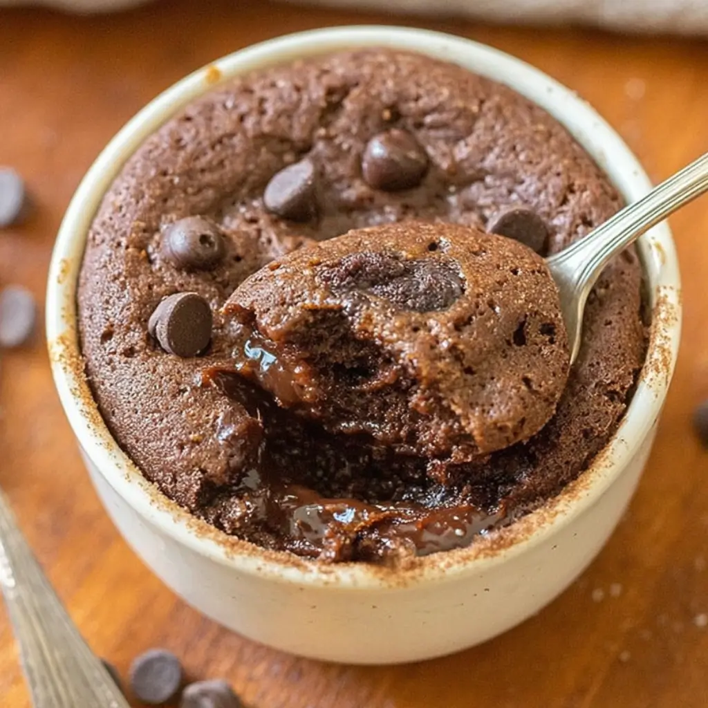 Warm chocolate lava protein mug cake with melted chocolate topping in a rustic mug