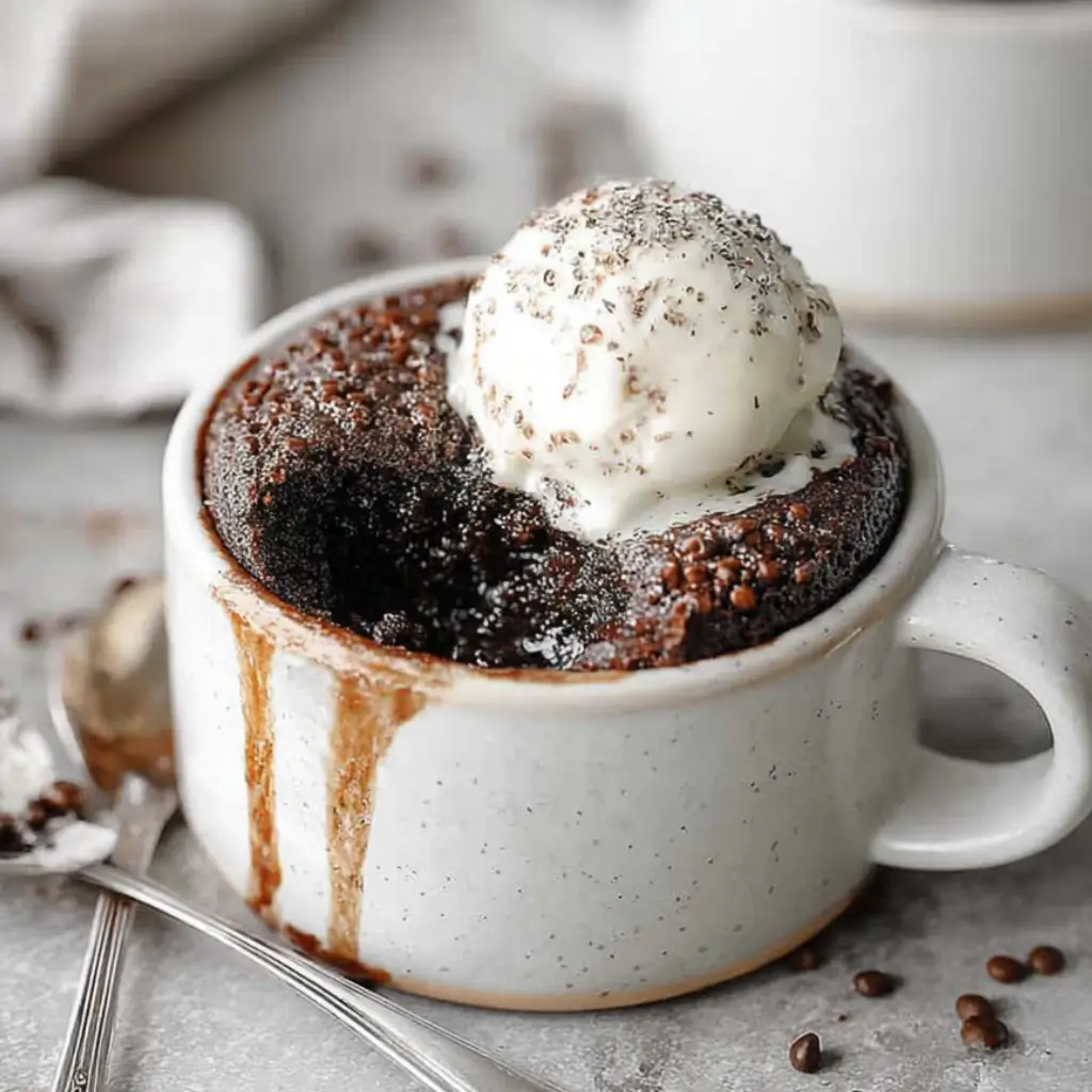 Fluffy chocolate protein mug cake topped with chocolate chips in a ceramic mug