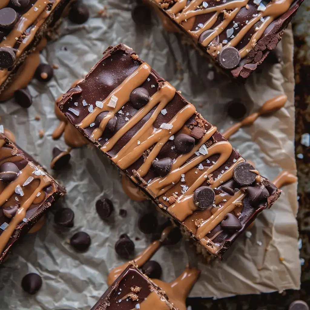 Chocolate peanut butter protein bars drizzled with peanut butter and sprinkled with sea salt