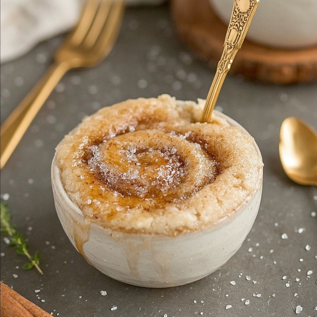 Cinnamon roll protein mug cake with a soft texture and cinnamon swirl topping in a mug