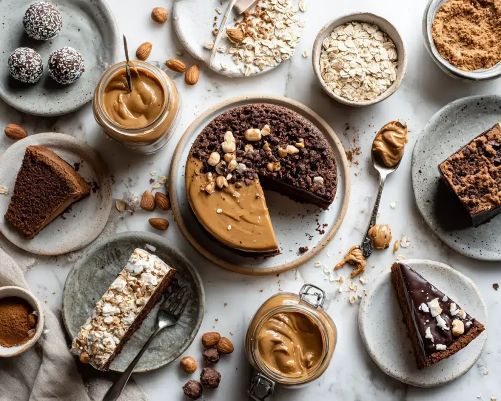 An overhead "flat lay" of various high protein desserts, featuring a chocolate nut cake with creamy peanut butter frosting, oat slices, and energy balls, surrounded by jars of nut butter, almonds, and oats on a white marble tabletop.