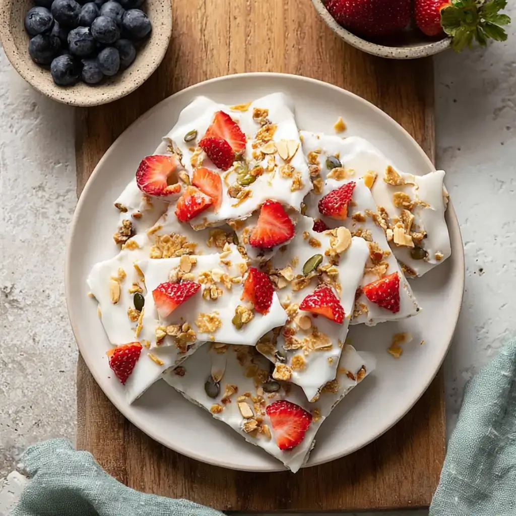 High protein frozen yogurt bark topped with strawberries, blueberries, granola, and nuts on a plate