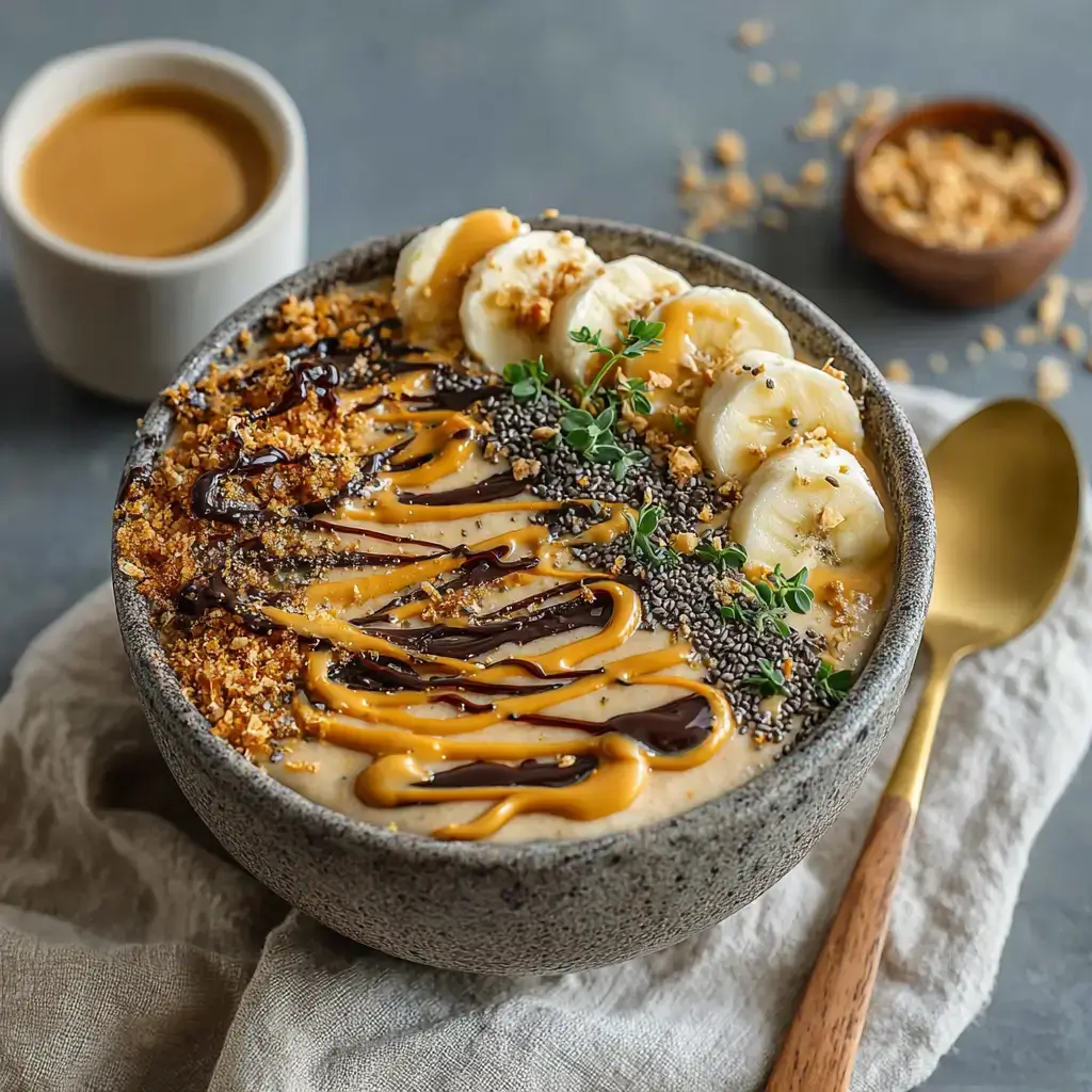 High-protein peanut butter banana smoothie bowl topped with banana slices, chia seeds, and chocolate drizzle
