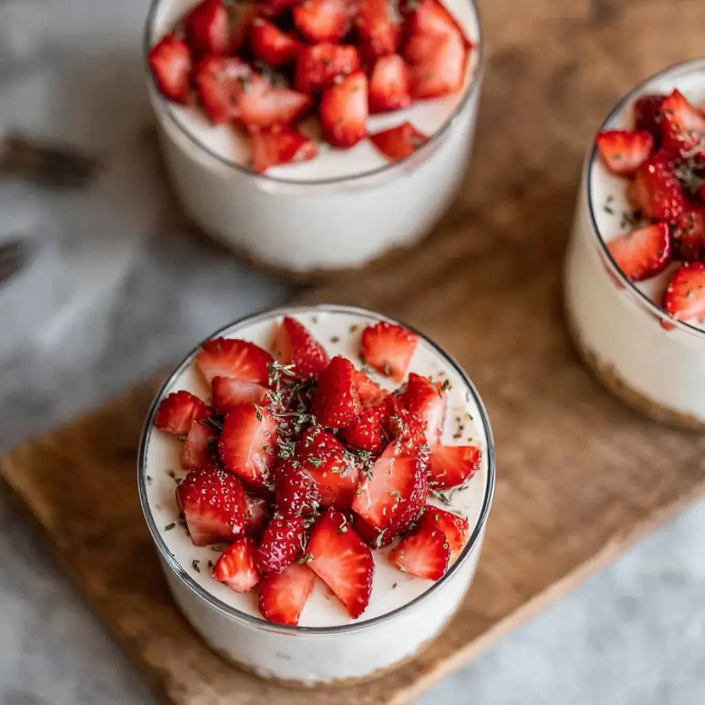 High-protein strawberry cheesecake cups layered with creamy filling and fresh strawberry topping