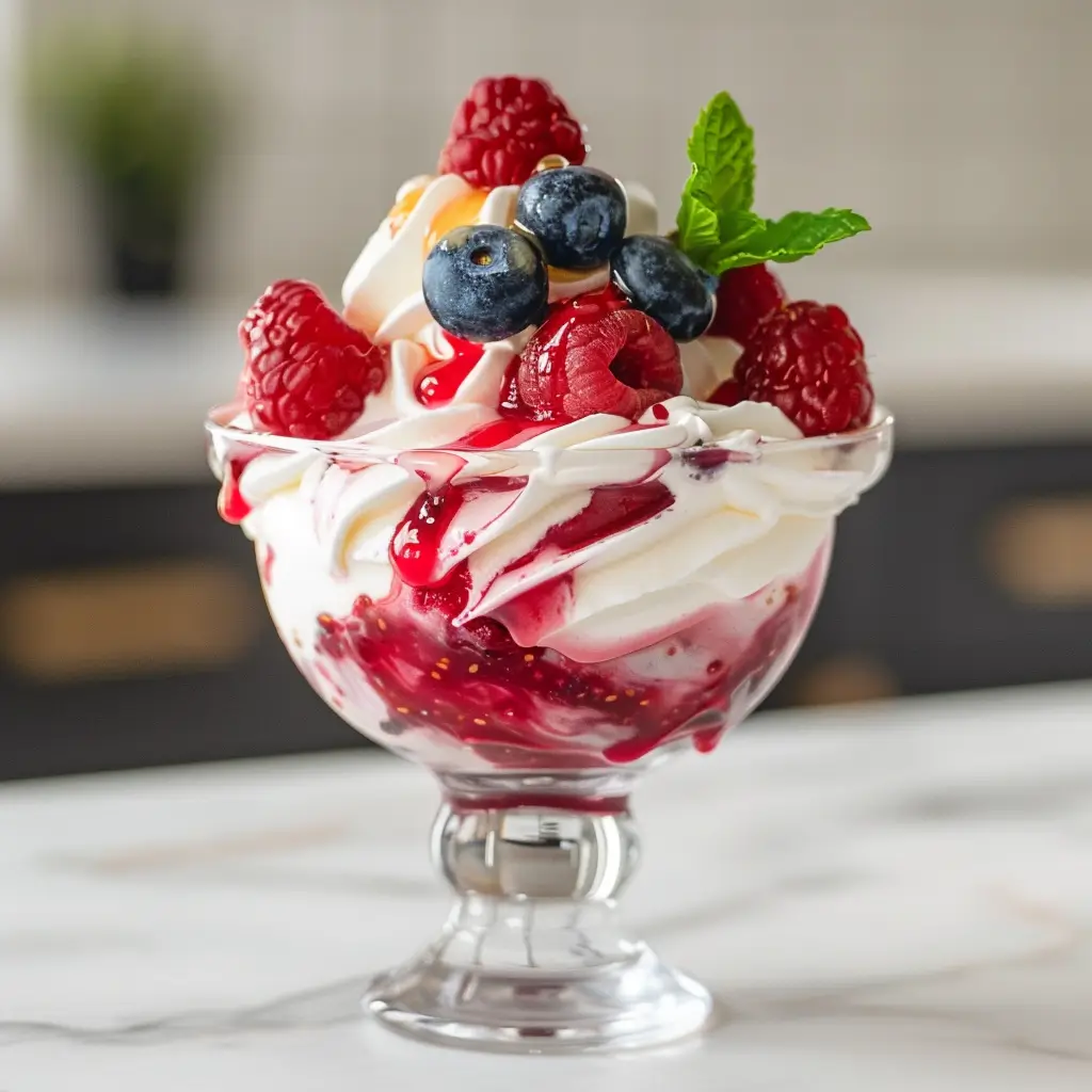 A close up of a fluffy vanilla berry yogurt whip served in a clear glass dessert cup, swirled with rich berry compote and topped with fresh raspberries, blueberries, honey, and a mint sprig.