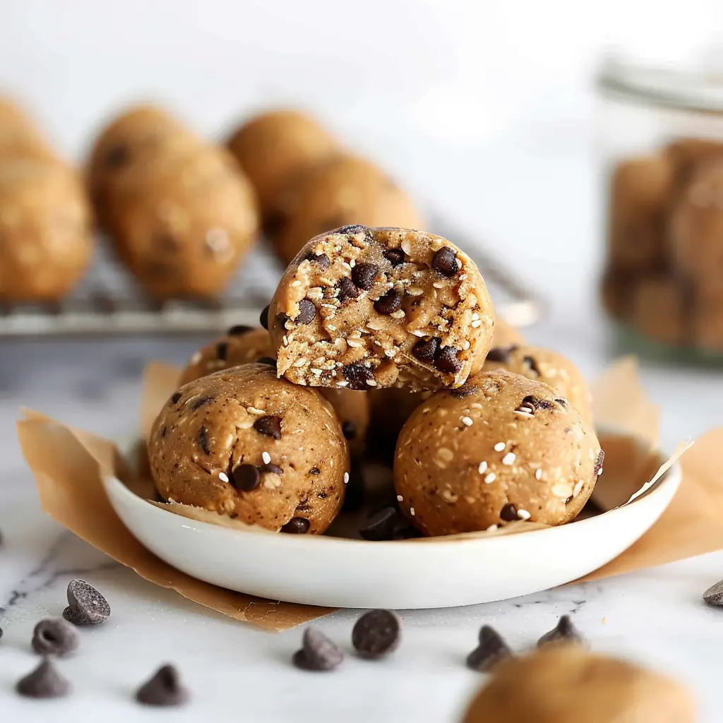 No-bake peanut butter oat protein balls with chocolate chips stacked on parchment paper